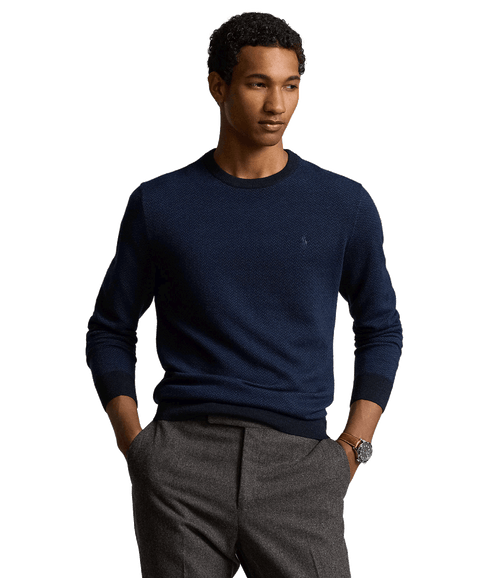 Herringbone-knit Washable Wool Sweater - Navy