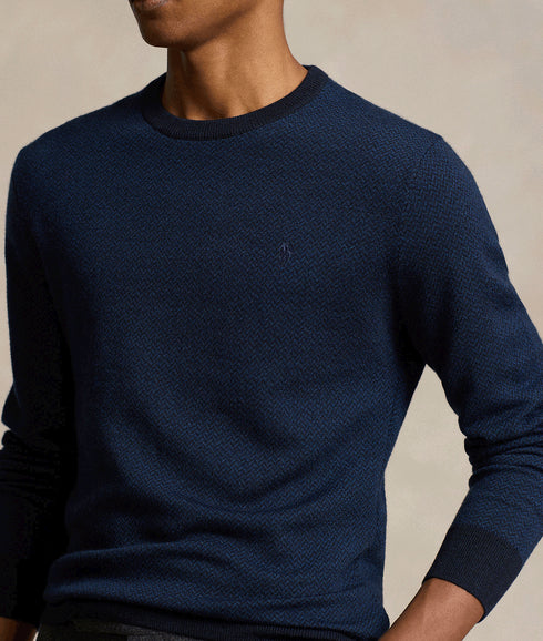 Herringbone-knit Washable Wool Sweater - Navy