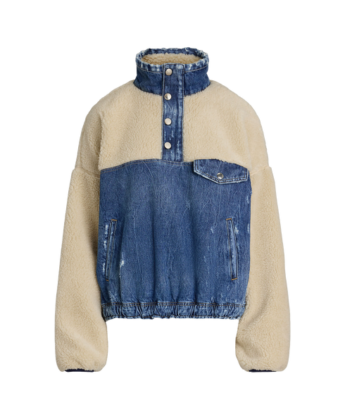 Fleece-Denim Mockneck Pullover - Multi