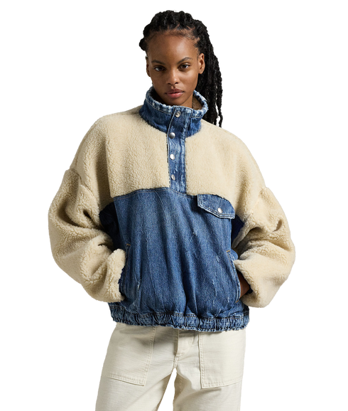 Fleece-Denim Mockneck Pullover - Multi
