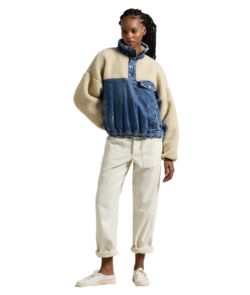 Fleece-Denim Mockneck Pullover - Multi