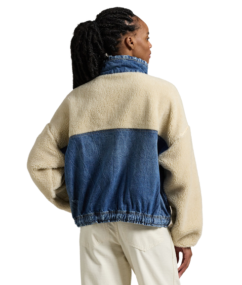 Fleece-Denim Mockneck Pullover - Multi