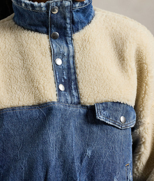 Fleece-Denim Mockneck Pullover - Multi