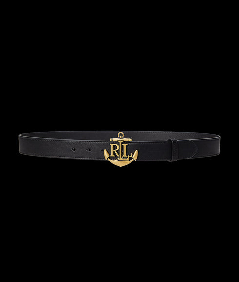 Anchor-Logo Leather Skinny Belt - Black