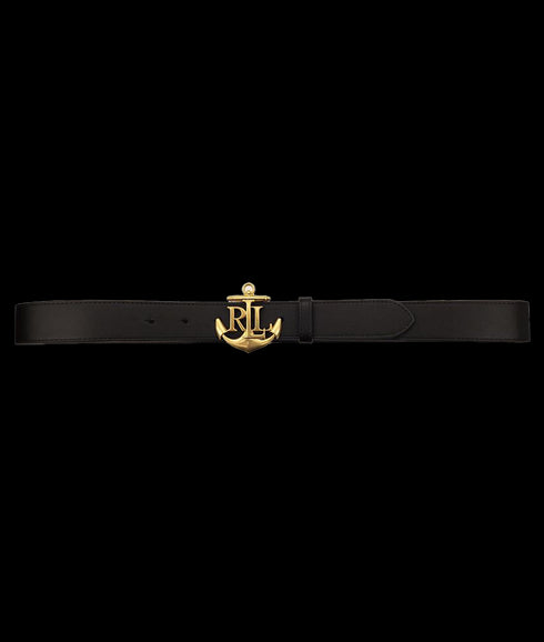 Anchor-Logo Leather Skinny Belt - Black