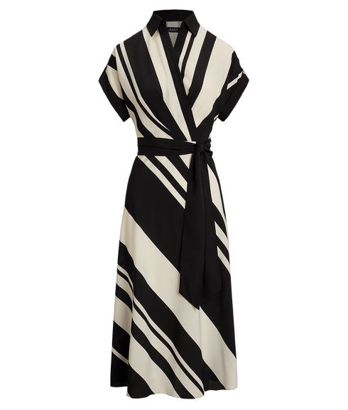 Striped Belted Crepe Dress - Cream/Black