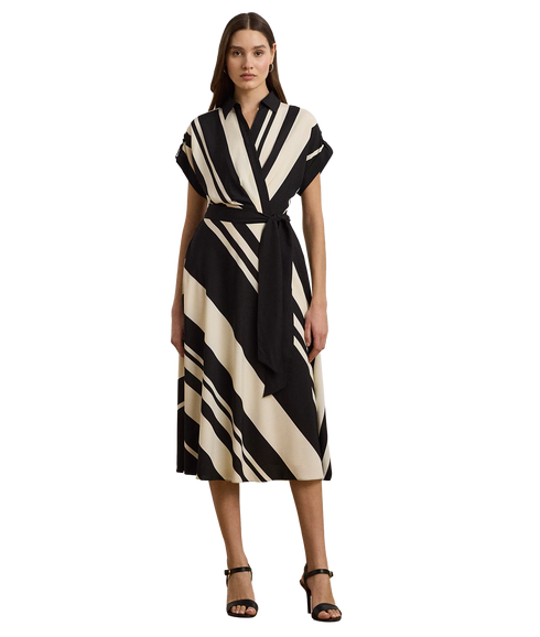 Striped Belted Crepe Dress - Cream/Black