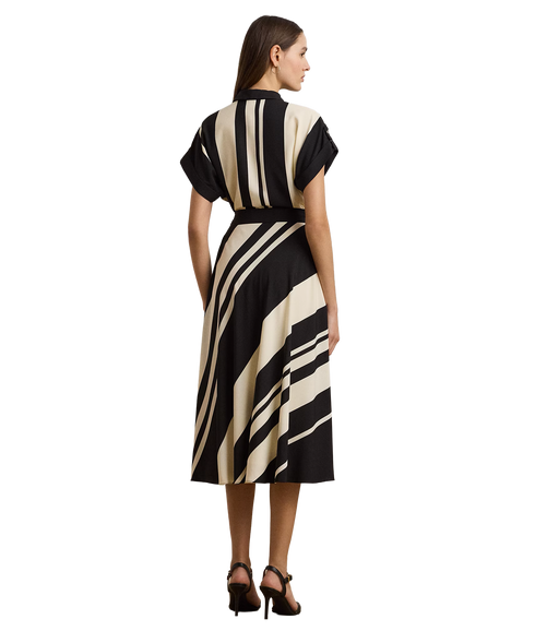 Striped Belted Crepe Dress - Cream/Black