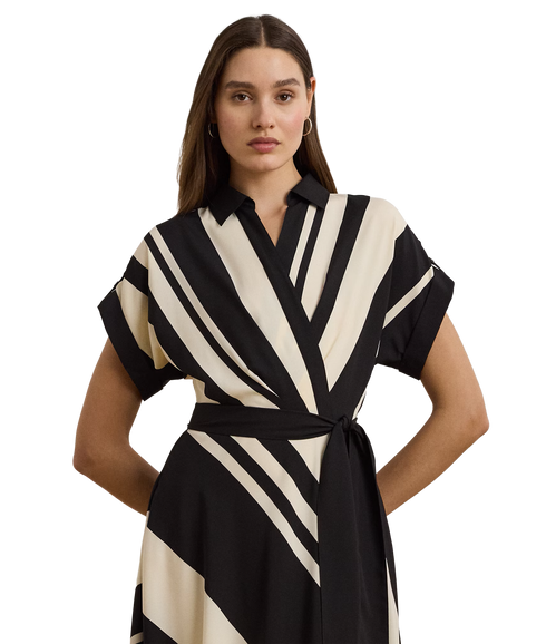 Striped Belted Crepe Dress - Cream/Black