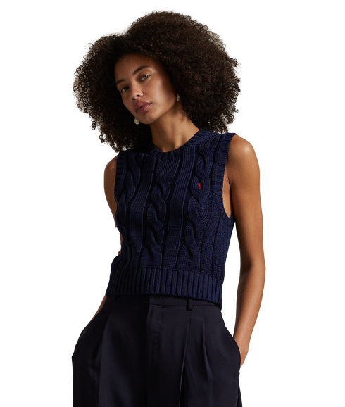Cable-Knit Cotton Cropped Vest - Navy