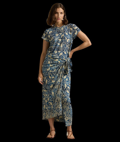 Print Linen Faux-Wrap Dress - Multi