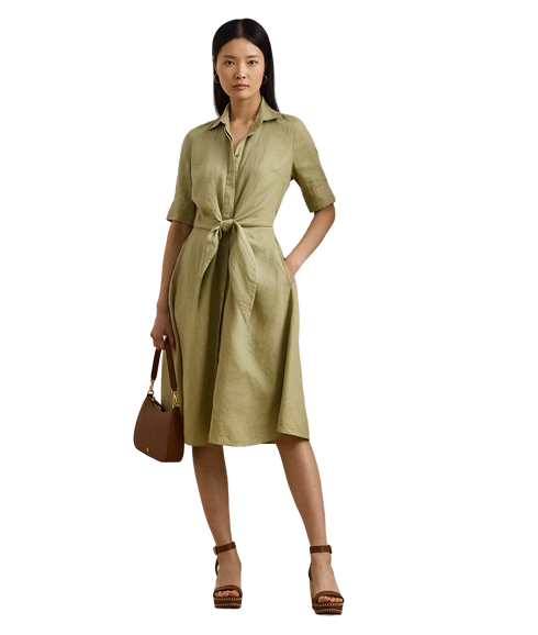 Tie-Front Linen Shirtdress - Green
