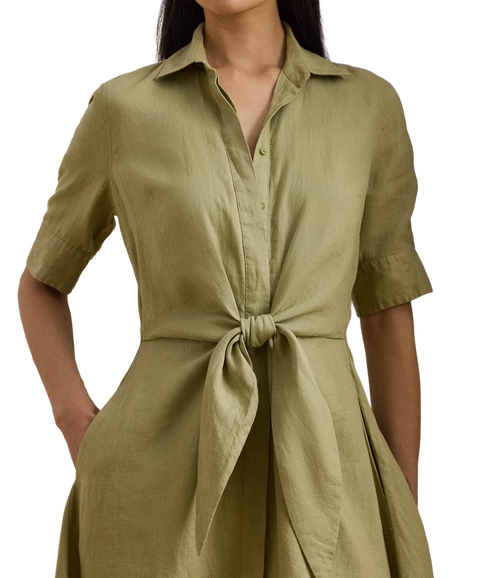 Tie-Front Linen Shirtdress - Green