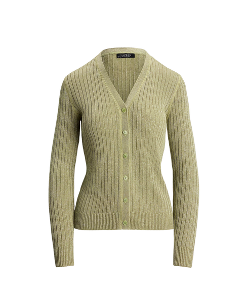 Metallic Linen-Blend Rib-Knit Cardigan - Light Olive