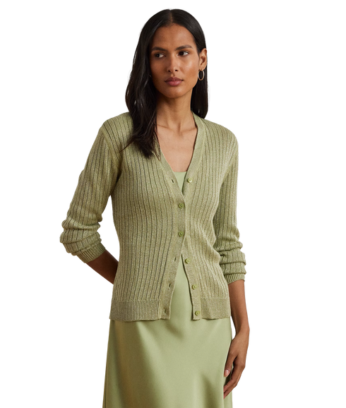 Metallic Linen-Blend Rib-Knit Cardigan - Light Olive