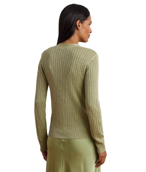 Metallic Linen-Blend Rib-Knit Cardigan - Light Olive