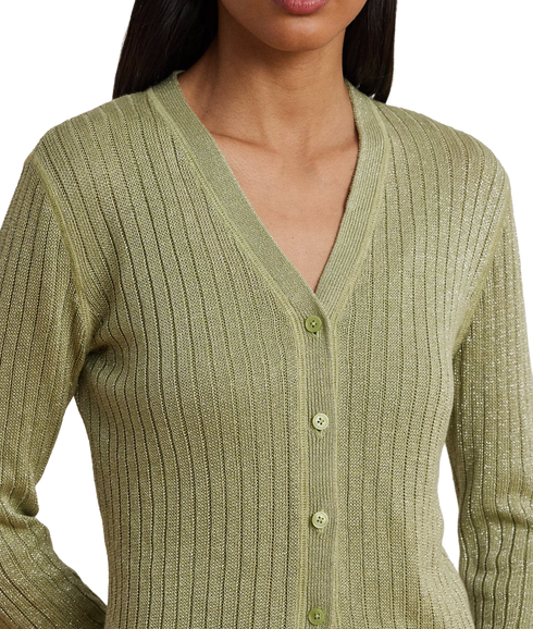 Metallic Linen-Blend Rib-Knit Cardigan - Light Olive