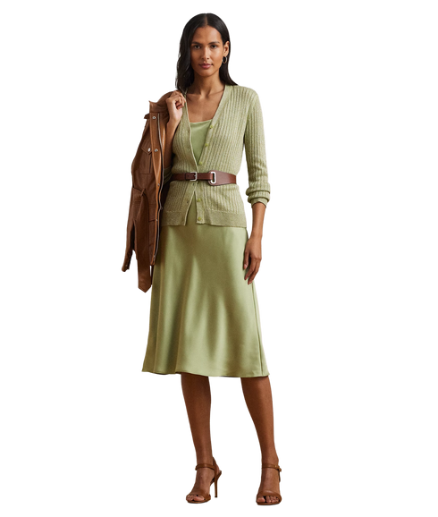 Metallic Linen-Blend Rib-Knit Cardigan - Light Olive