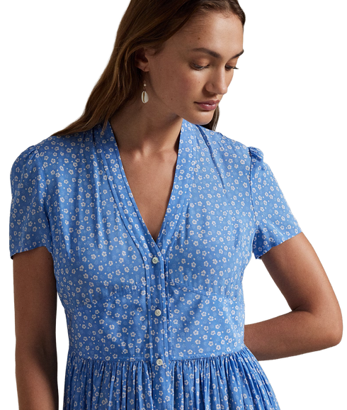 Floral Crepe Button-Front Dress - Primrose Garden Blue