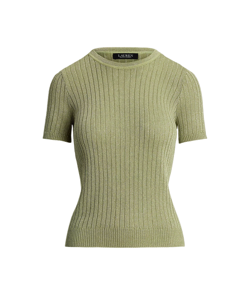 Metallic Rib-Knit Short-Sleeve Jumper - Light Olive