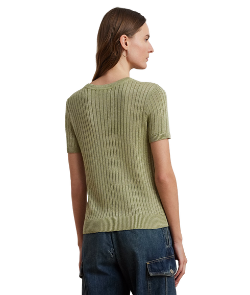 Metallic Rib-Knit Short-Sleeve Jumper - Light Olive