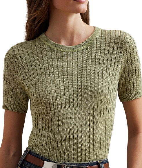 Metallic Rib-Knit Short-Sleeve Jumper - Light Olive
