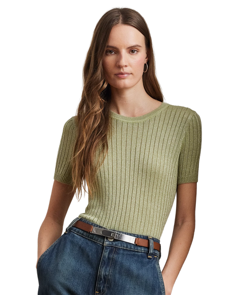Metallic Rib-Knit Short-Sleeve Jumper - Light Olive
