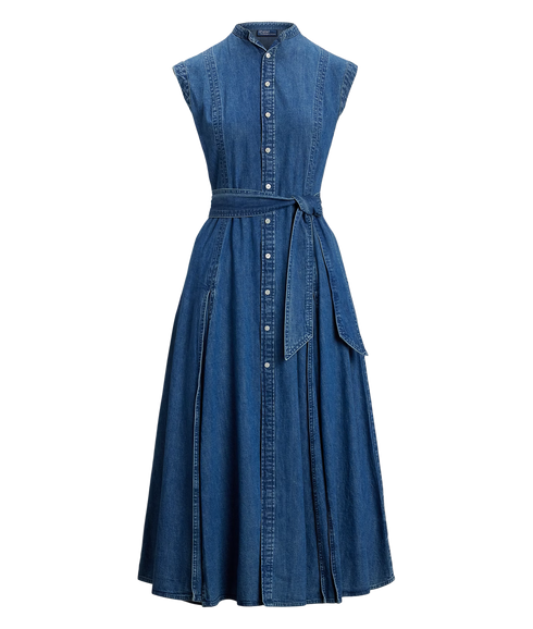 Belted Denim Sleeveless A-Line Dress - Indigo