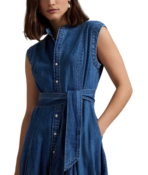 Belted Denim Sleeveless A-Line Dress - Indigo