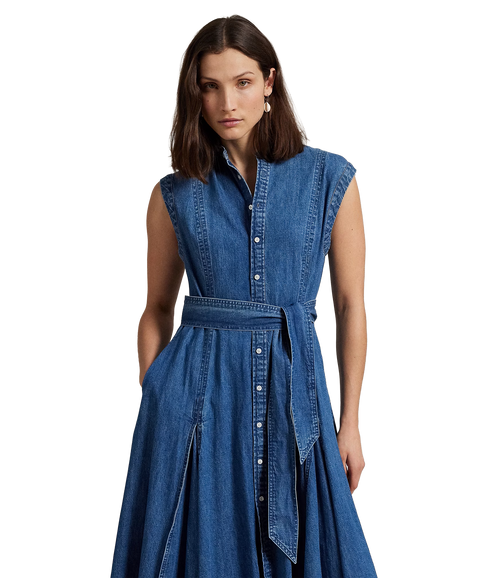 Belted Denim Sleeveless A-Line Dress - Indigo