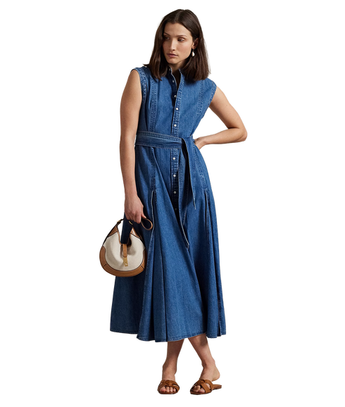 Belted Denim Sleeveless A-Line Dress - Indigo