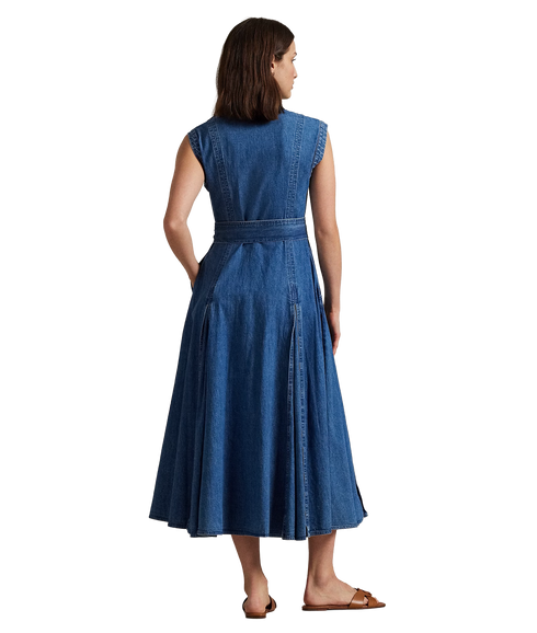 Belted Denim Sleeveless A-Line Dress - Indigo