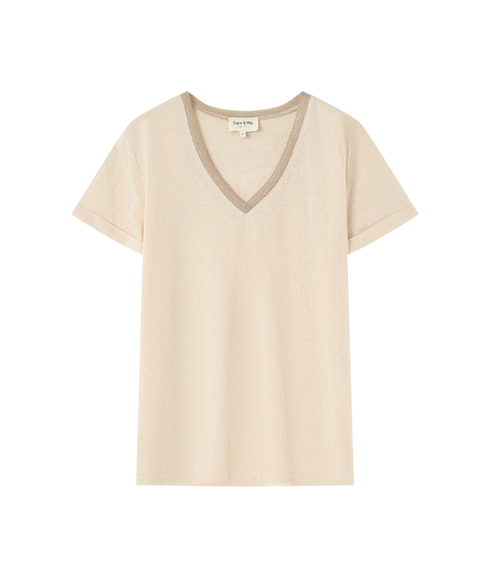 Lurex Trim V Neck Tee - Beige
