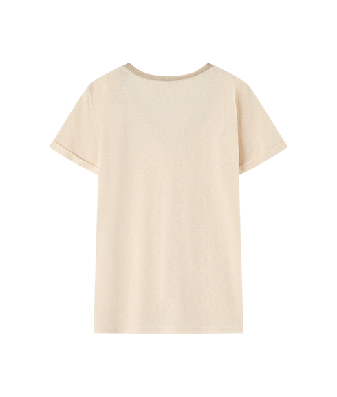 Lurex Trim V Neck Tee - Beige