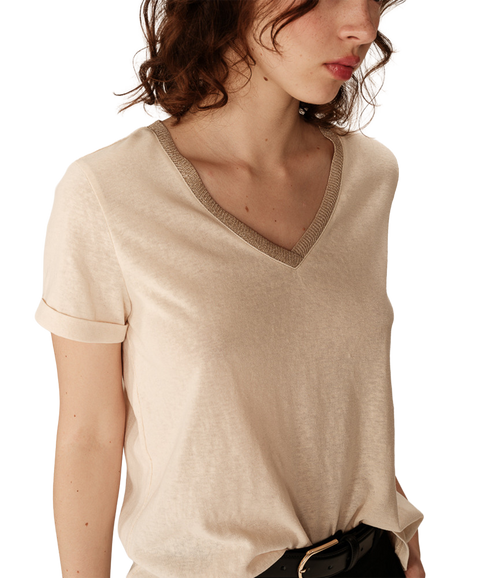 Lurex Trim V Neck Tee - Beige