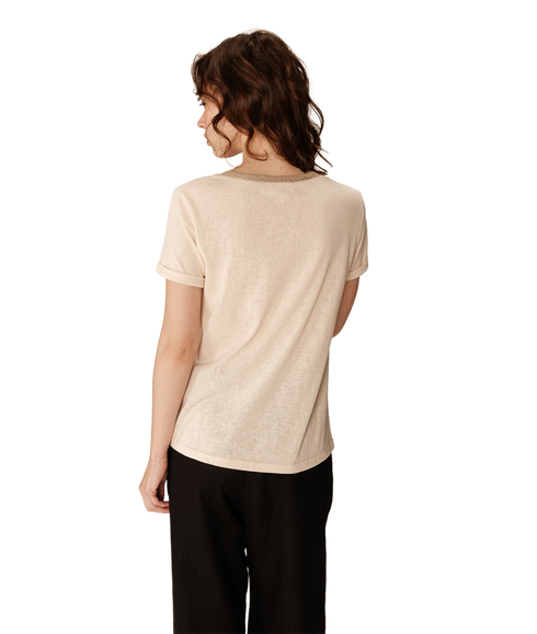 Lurex Trim V Neck Tee - Beige