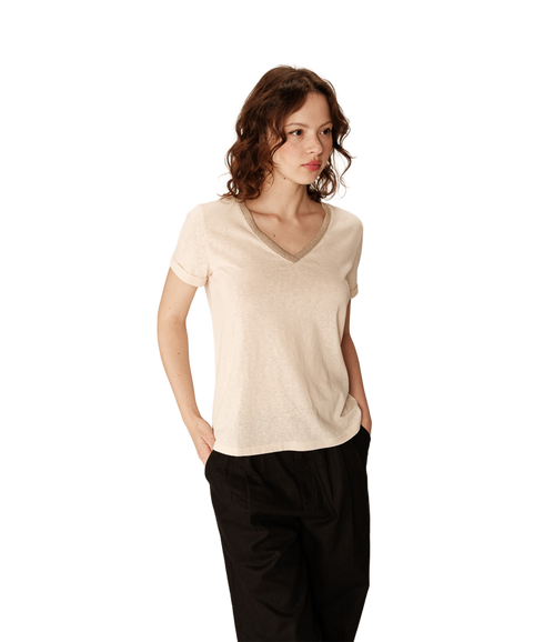 Lurex Trim V Neck Tee - Beige