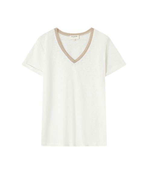 Lurex Trim V Neck Tee - Ecru