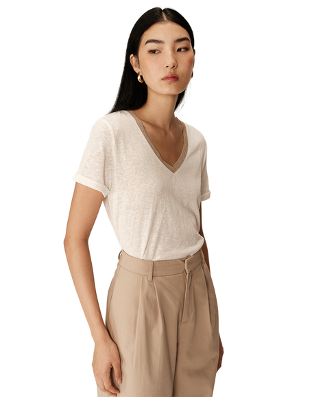 Lurex Trim V Neck Tee - Ecru