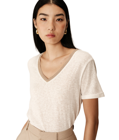Lurex Trim V Neck Tee - Ecru
