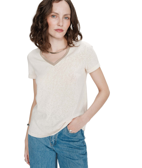 Vasco Lurex Trim V Neck Tee - Amande