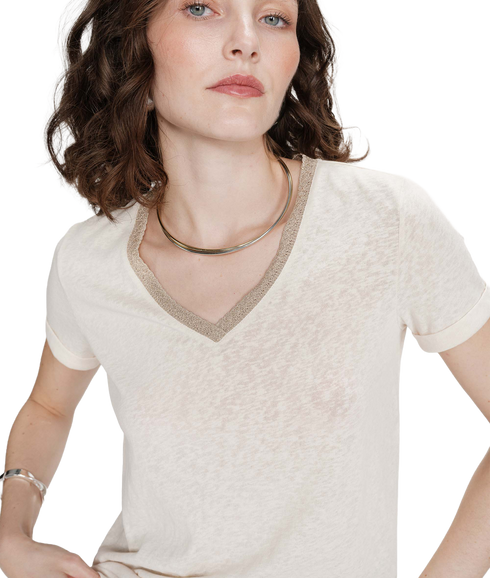 Vasco Lurex Trim V Neck Tee - Amande