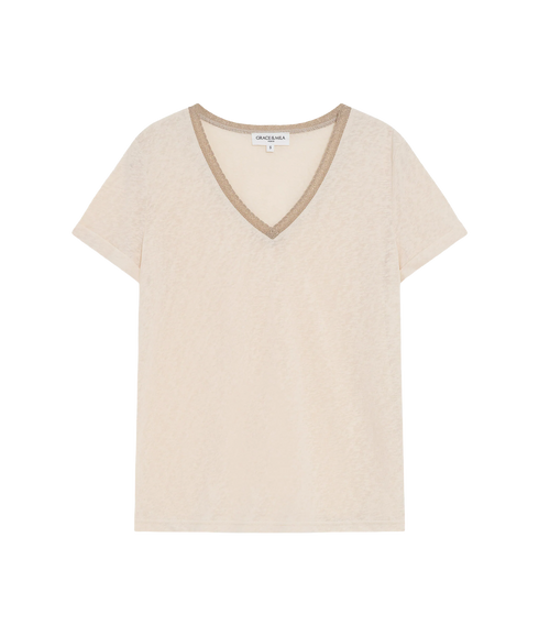 Vasco Lurex Trim V Neck Tee - Amande