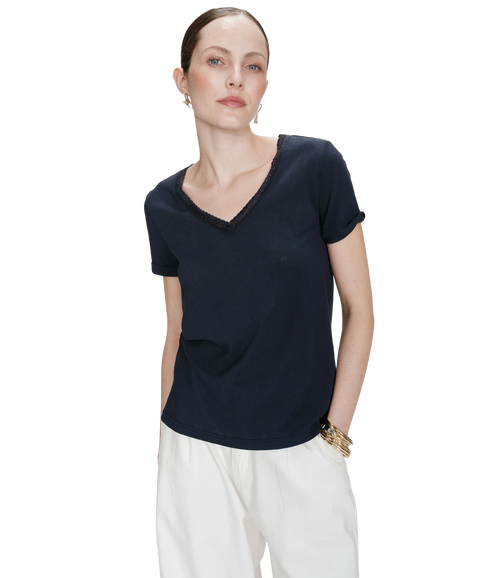 Vasco Lurex Trim V Neck Tee - Marine