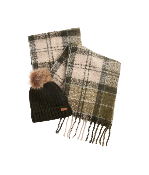 Saltburn Beanie & Tartan Scarf Gift Set - Ancient Loden/Dk Green