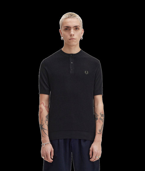 Waffle Stitch Henley Shirt - Black