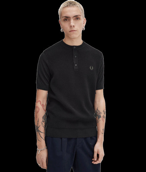 Waffle Stitch Henley Shirt - Black