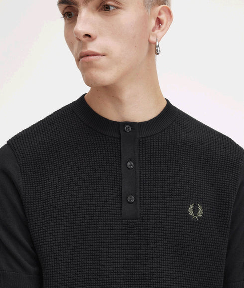 Waffle Stitch Henley Shirt - Black