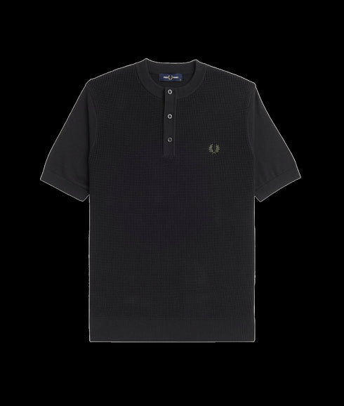 Waffle Stitch Henley Shirt - Black