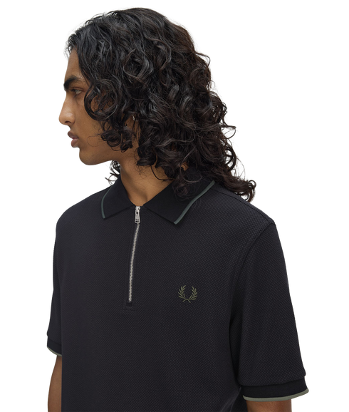 Textured Zip Polo - Black